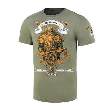 M-Tac T-shirt Viking med en viking i kampudrustning og teksten 'Til Valhall', ideel til dem, der værdsætter styrke og ære.