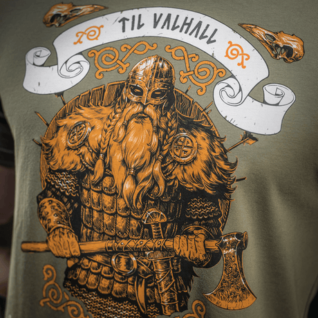 M-Tac T-shirt Viking med vikingemotiv og teksten "Til Valhall", fremstillet af bomuld, designet til at inspirere mod og kampgejst