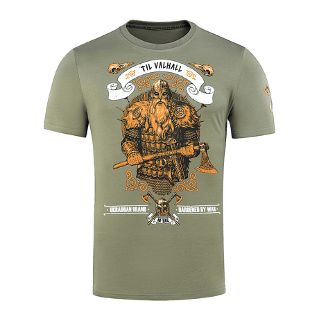 M-Tac T-shirt Viking med frygtindgydende vikingmotiv og "Til Valhall" tekst, designet til at fremhæve mod og kampgejst.