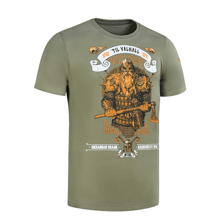 M-Tac T-shirt Viking med vikingemotiv og teksten 'Til Valhall'. Grøn T-shirt til at udtrykke kampgejst og værdier.