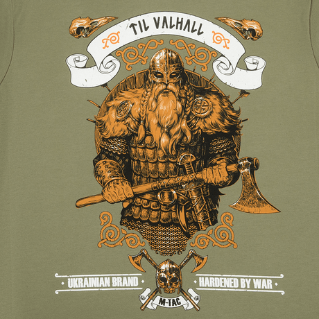 M-Tac T-shirt Viking med frygtindgydende viking og teksten 'Til Valhall', fremhæver kampgejst og nordisk kultur. 93% bomuld.