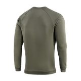 M-Tac Sweatshirt Cotton Hard i olivengrøn vises bagfra, lavet af 100% bomuld, 390 g/m², med ribkanter og reflekterende logo på brystet.