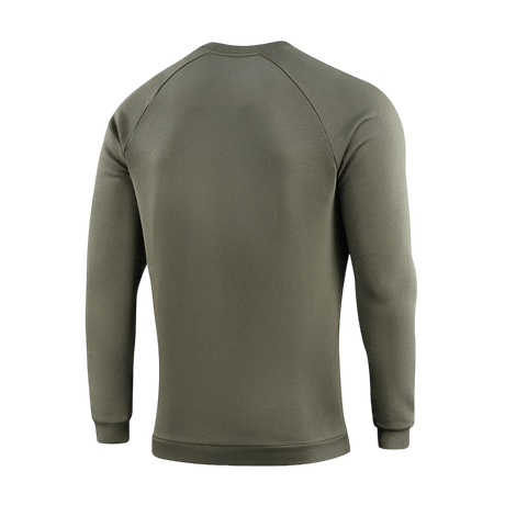 M-Tac Sweatshirt Cotton Hard i olivengrøn vises bagfra, lavet af 100% bomuld, 390 g/m², med ribkanter og reflekterende logo på brystet.