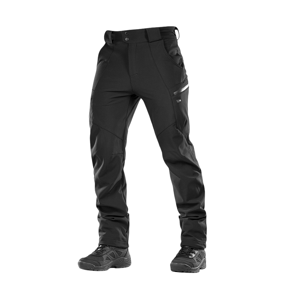 M-Tac Bukser Soft Shell Vinter i sort, vind- og vandafvisende, designet til komfort med fleecefor til brug om efterår og vinter.