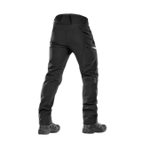Bagside af M-Tac Bukser Soft Shell Vinter med fleecefor og softshell-materiale, ideelle til efterår og vinter.