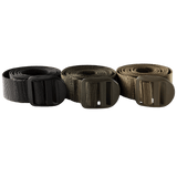 Tre M-Tac Kompressionsrem utility-bælter i sort, grøn og brun til vandreture og taktisk brug, lavet af robust nylon.