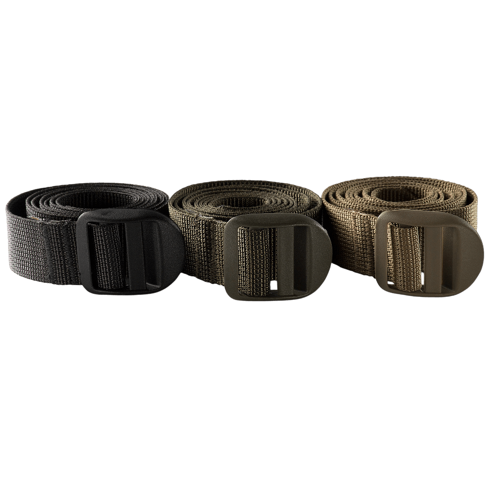 Tre M-Tac Kompressionsrem utility-bælter i sort, grøn og brun til vandreture og taktisk brug, lavet af robust nylon.