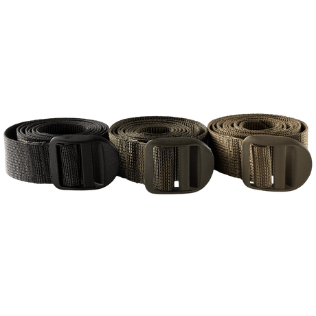 Tre M-Tac Kompressionsrem utility-bælter i sort, grøn og brun til vandreture og taktisk brug, lavet af robust nylon.