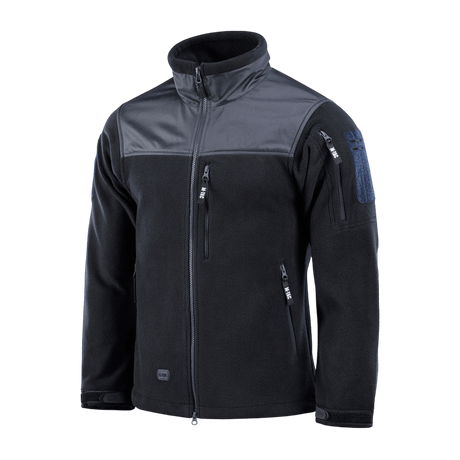 M-Tac Alpha Microfleece Jakke Gen.II i sort med Oxford nylonforstærkninger, perfekt til taktisk og outdoor brug i koldt vejr.