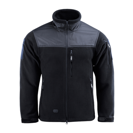M-Tac Alpha Microfleece Jakke Gen.II i sort med forstærket skuldre og ærmer, ideel til taktisk brug i koldt vejr.