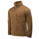 M-Tac Alpha Microfleece Jakke Gen.II i brun farve, designet til taktisk og outdoor brug, med forstærkede skuldre og ærmer for slidstyrke.