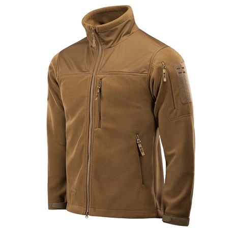 M-Tac Alpha Microfleece Jakke Gen.II i brun farve, designet til taktisk og outdoor brug, med forstærkede skuldre og ærmer for slidstyrke.