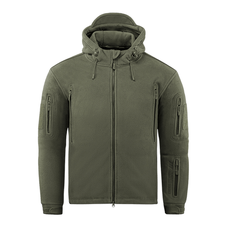 M-Tac Division Gen.II Windblock Fleecejakke i olivengrøn med hætte, designet til varme og vindbeskyttelse i køligt og koldt vejr.