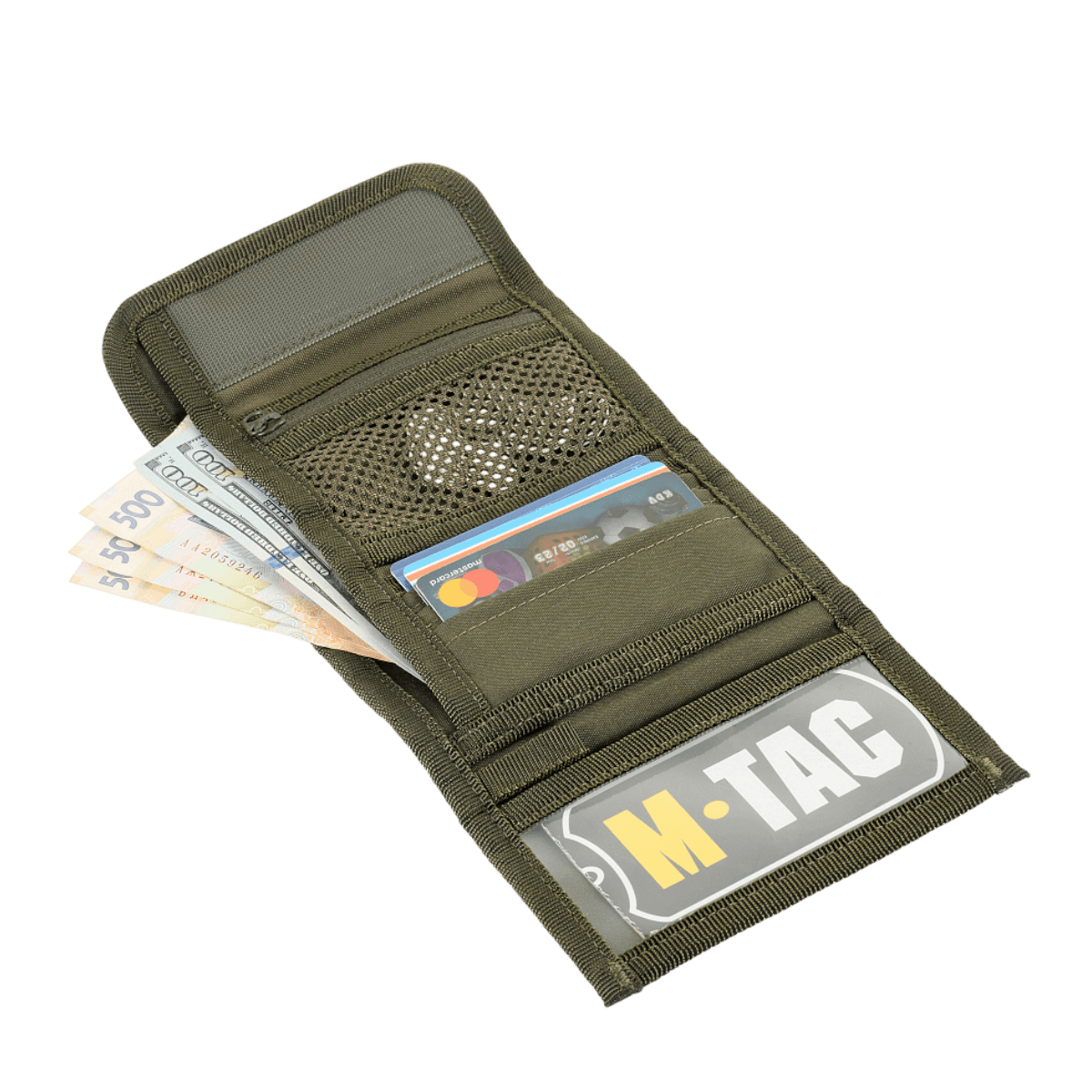 M-Tac Pung med Patch Panel Elite Gen. II i grøn med rum til sedler, kort og dokumenter, lavet af robuste materialer