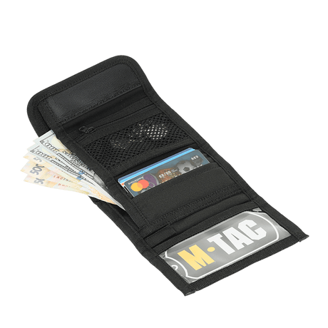 M-Tac Pung med Patch Panel Elite Gen. II i sort med rum til kort og kontanter, fremstillet af holdbart Oxford og Cordura 500D materiale.