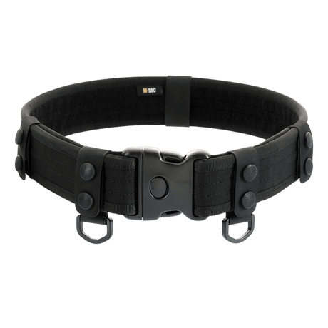 M-Tac Taktiske Bæltefittings (5 stk.) med D-ringe til ekstra udstyr og politibælte på sort taktisk bælte.