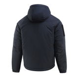 M-Tac Alpha Gen.III Pro Vinterjakke set bagfra, blå vinterjakke med fastsyet hætte og forstærkede albuer, ideel til -20°C.