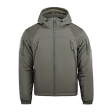 M-Tac Alpha Gen.III Pro Vinterjakke i grå med hætte og forstærkede albuer, ideel til koldt vejr og hverdag i temperaturer ned til -20° C.