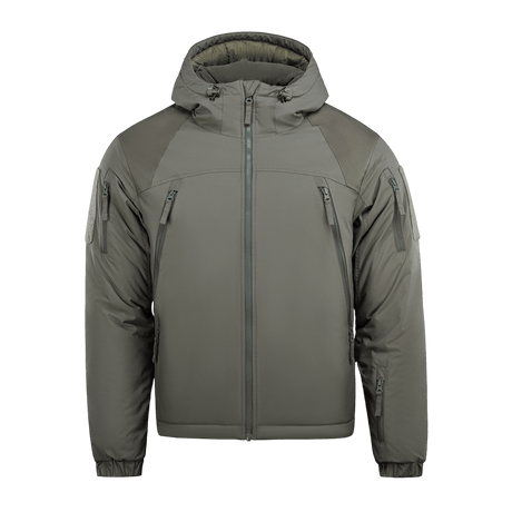 M-Tac Alpha Gen.III Pro Vinterjakke i grå med hætte og forstærkede albuer, ideel til koldt vejr og hverdag i temperaturer ned til -20° C.