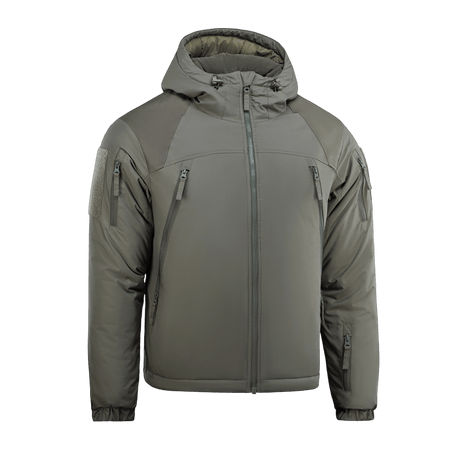 M-Tac Alpha Gen.III Pro Vinterjakke i gråt nylon med hætte og forstærkede albuer, ideel til hverdagsbrug ved -20°C. Vandtæt og varm.