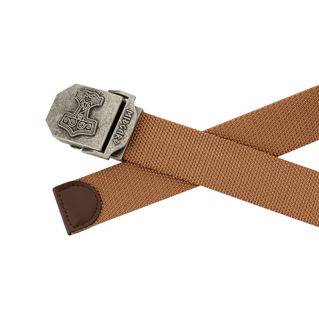 M-Tac Thors Hammer Bælte – Militærstil og funktionalitet i brun nylon med metalspænde, ideelt til jagt eller friluftsliv.
