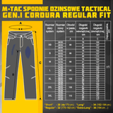 M-Tac Jeans Tactical Gen. I Cordura Regular Fit - Størrelsesdiagram og detaljer for Cordura Tactical Jeans i holdbart stof.