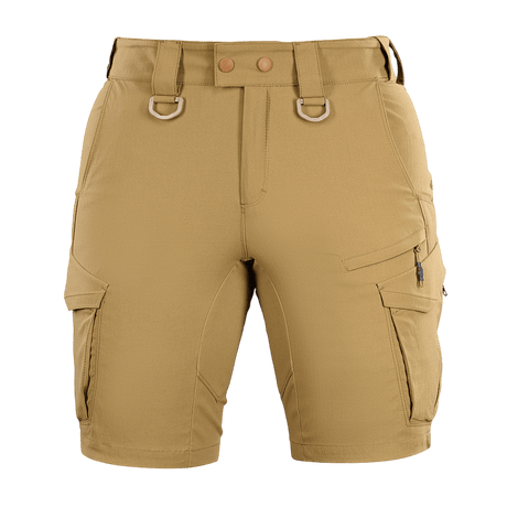 M-Tac Aggressor Summer Flex Shorts i sandfarve, lette taktiske shorts med justerbar talje og mange funktionelle lommer.