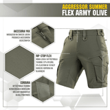Billede af M-Tac Aggressor Summer Flex Shorts i armygrøn, letvægts-Rip-Stop Flex stof med YKK lynlås og flere lommer, ideelle til outdoor-aktiviteter.