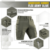 M-Tac Aggressor Summer Flex Shorts i olivengrøn med funktionelle detaljer som lommer og D-ring til udstyrsfiksering.
