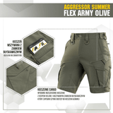 M-Tac Aggressor Summer Flex Shorts i olivengrøn med funktionelle lommer, perfekt til taktik og udendørs brug, letvægts og åndbare.