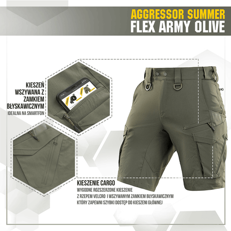 M-Tac Aggressor Summer Flex Shorts i olivengrøn med funktionelle lommer, perfekt til taktik og udendørs brug, letvægts og åndbare.
