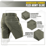 M-Tac Aggressor Summer Flex Shorts i olivengrøn vises bagfra, ideelle til taktiske aktiviteter, med flere lommer og holdbart stof.
