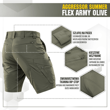 M-Tac Aggressor Summer Flex Shorts i olivengrøn vises bagfra, ideelle til taktiske aktiviteter, med flere lommer og holdbart stof.
