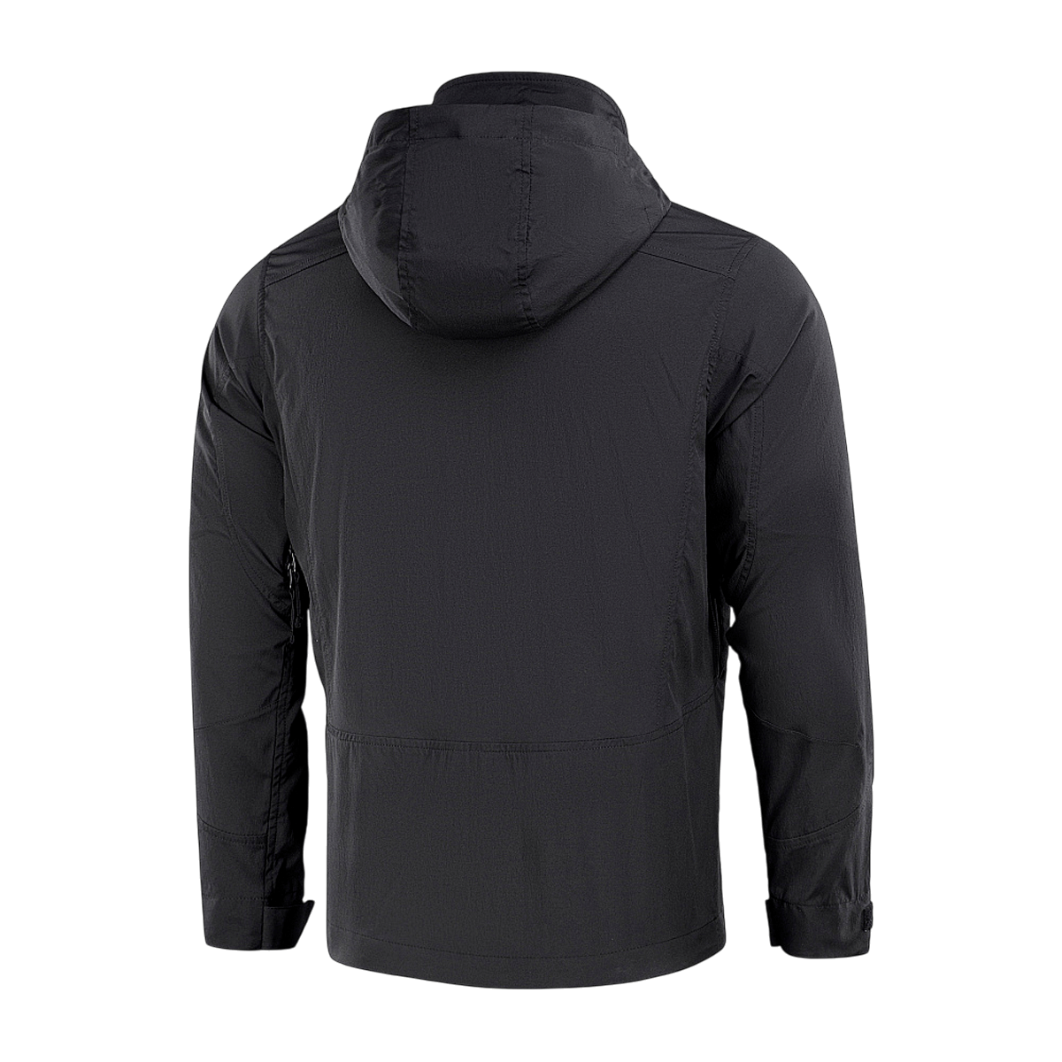 M-Tac Flash Jakke set bagfra i sort, letvægtsjakke perfekt til vandreture og sport, med hætte og praktisk design.