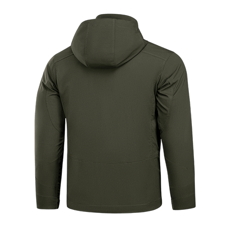 Den lette grønne M-Tac Flash Jakke set bagfra, ideel til vandreture og sport, uden velcrofelter, letvægts og kompakt.