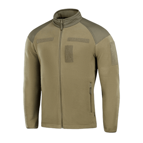 M-Tac Combat Fleece Jakke i beige med vindtæt stofdetaljer, lavet af Himates fleece, 100% polyester, designet til funktionalitet og komfort.