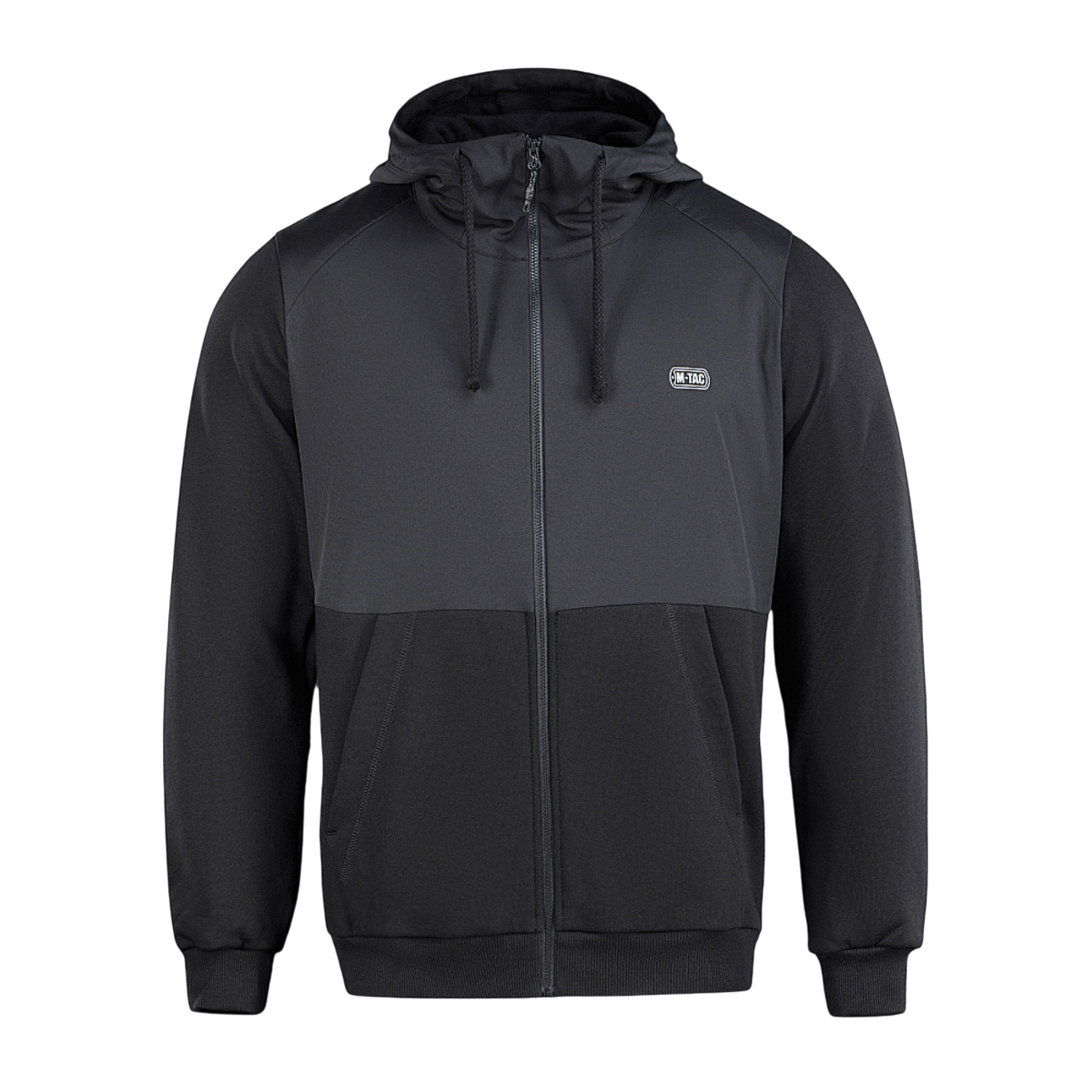 M-Tac Pilgrim Bomberjakke i sort med hætte og lynlås, ideel til sport og hverdagsbrug, kombinerer komfort og funktionalitet.