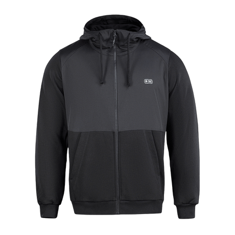 M-Tac Pilgrim Bomberjakke i sort med hætte og lynlås, ideel til sport og hverdagsbrug, kombinerer komfort og funktionalitet.