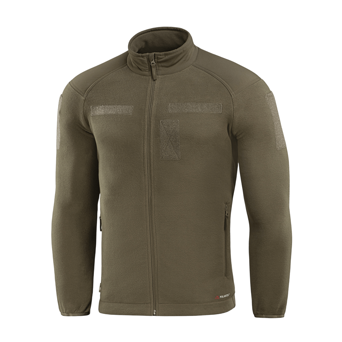 M-Tac Combat Fleece Polartec Jakke i olivengrøn med rummelige lommer og velcrolukninger, perfekt til taktisk og casual brug.