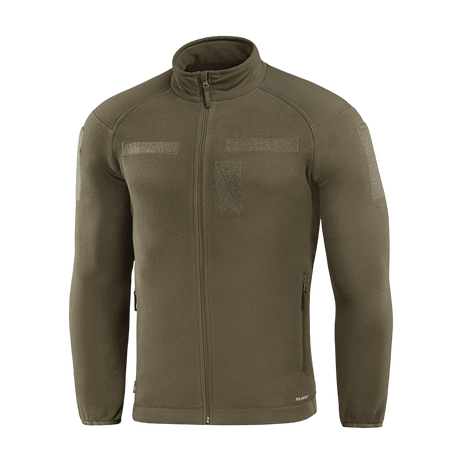M-Tac Combat Fleece Polartec Jakke i olivengrøn med rummelige lommer og velcrolukninger, perfekt til taktisk og casual brug.