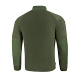 M-Tac Combat Fleece Polartec Jakke set bagfra, i olivengrøn farve, viser design og materiale af høj kvalitet, perfekt til taktisk brug.