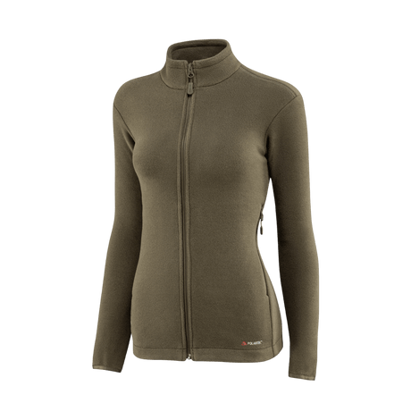 M-Tac Sweater Nord Fleece Polartec Dame i olivengrøn, lavet af Polartec® 200 Series fleece, med YKK-lynlås og ståkrave for optimal komfort.