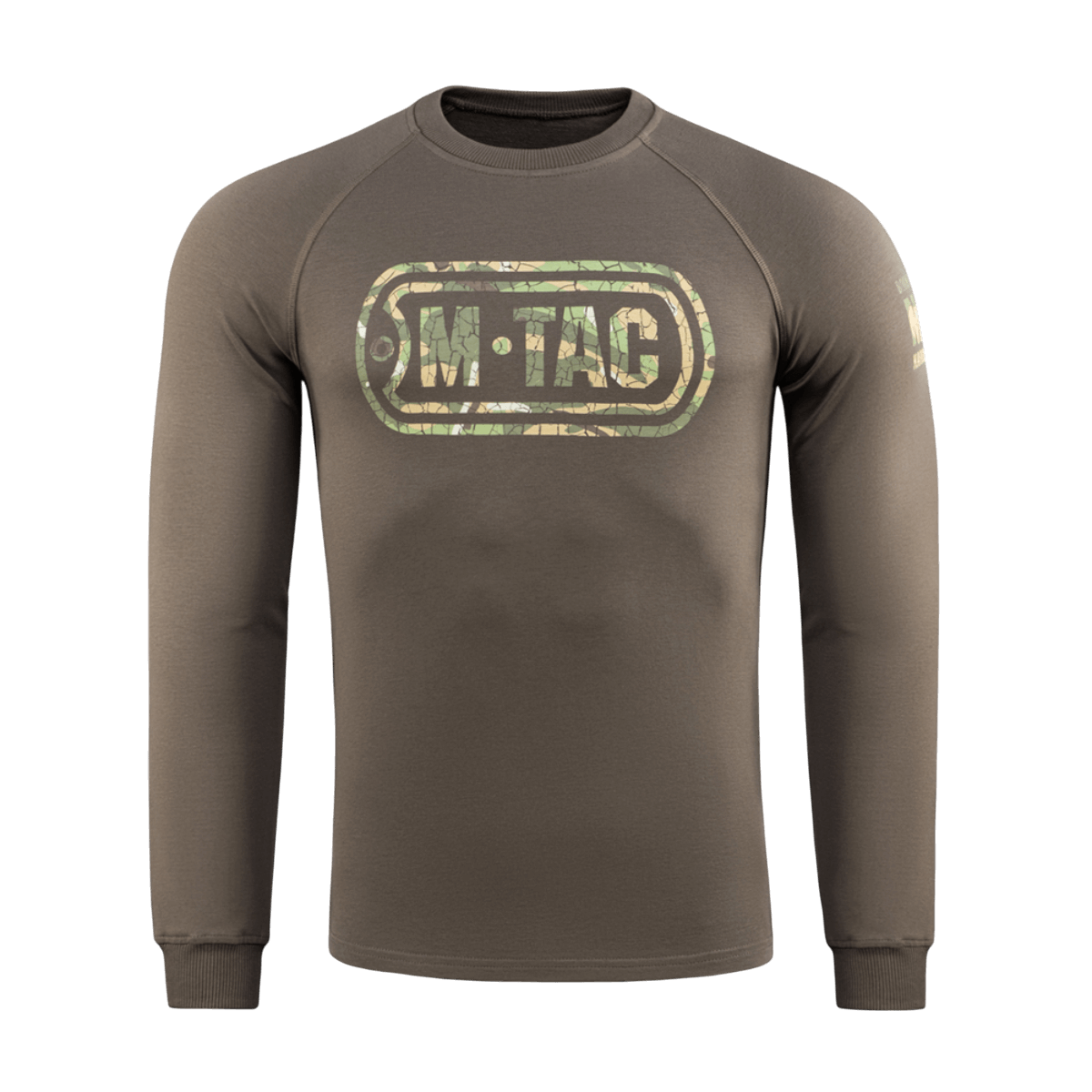 M-Tac Raglan Logo trøje med camouflageprint logo, bomuldsblanding for komfort og bevægelsesfrihed. Perfekt til taktisk brug.
