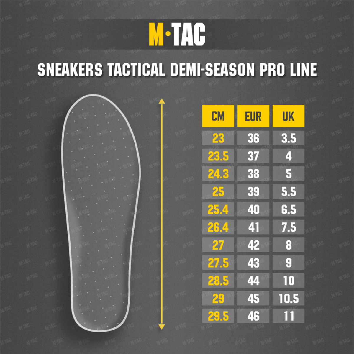 Størrelsesguide for M-Tac Sneakers Tactical Demi-Season Pro Line med indlægssålfoto og målinger i CM, EUR og UK størrelser.