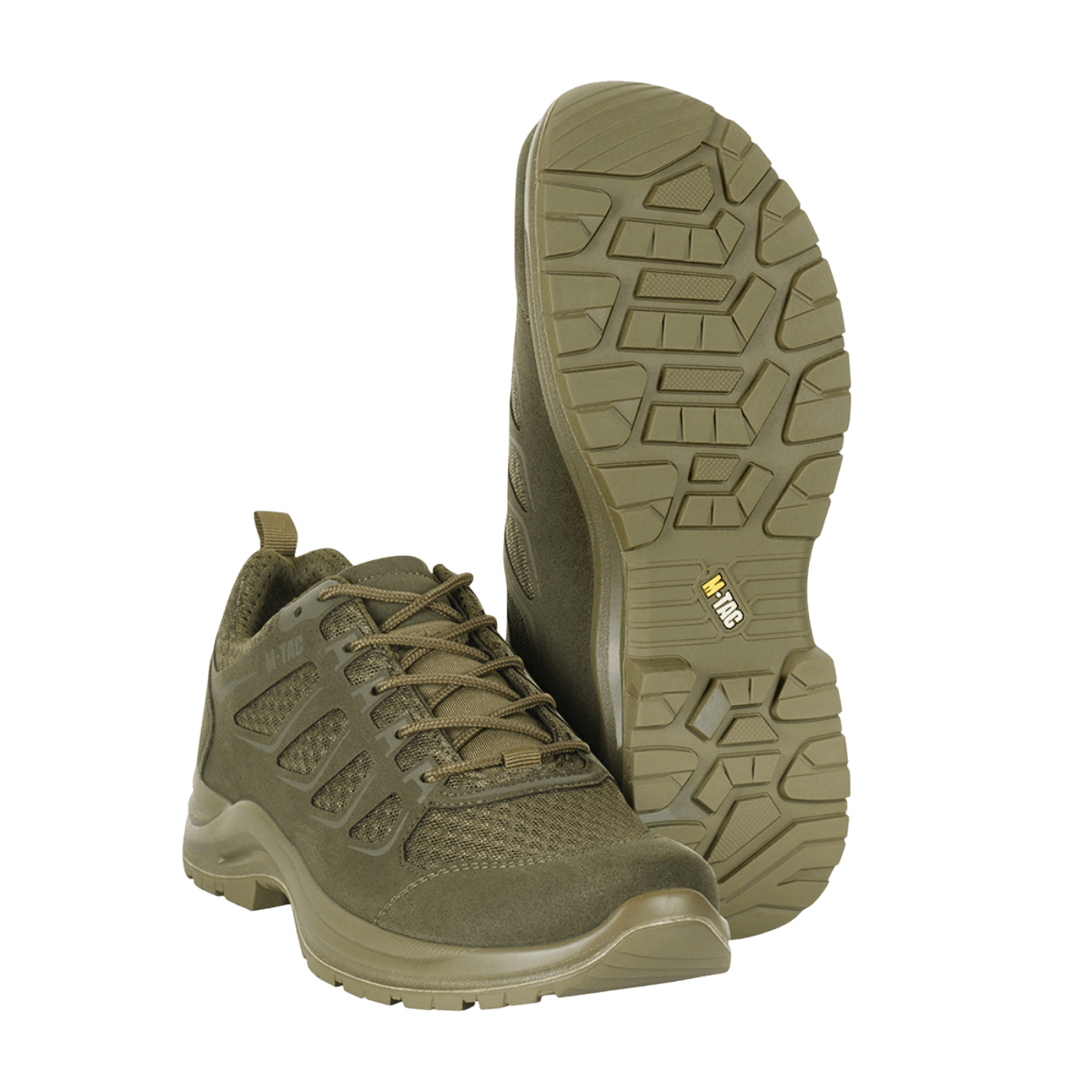 M-Tac Tactical Sneakers IVA i olivengrøn med åndbart mesh og syntetisk nubuck, ideel til sommerens trekking og outdoor-aktiviteter.