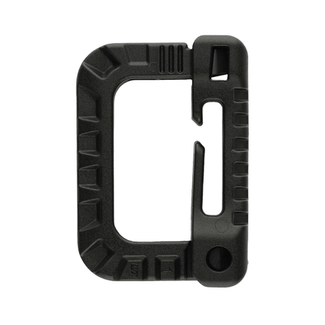 M-Tac Plast Karabin i sort ABS-plast, let og holdbar til brug på vest, bælte, eller taske. Måler 85 x 60 mm. Ikke egnet til klatring.