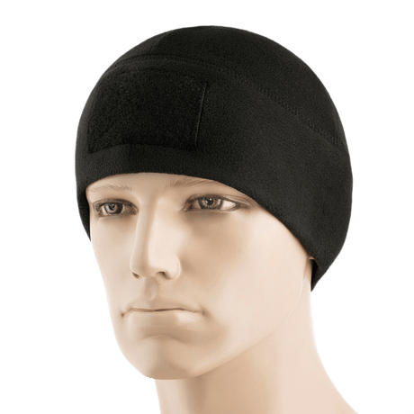 M-Tac Fleece Tactical Watch Cap Beanie m. Patch Panel i sort fleece, perfekt til taktisk brug og udendørsaktiviteter.