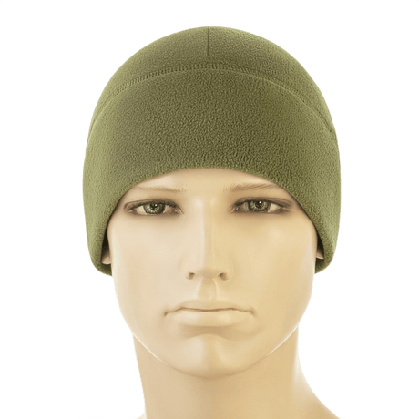 M-Tac Watch Cap Elite Fleece Beanie Hat Slimtex i olivengrøn på mannequin, let og varm hue i fleece til taktisk brug og vinteraktiviteter.