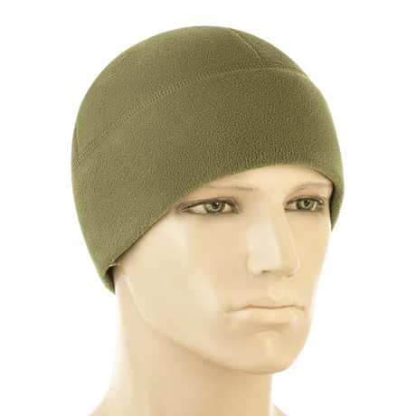 M-Tac Watch Cap Elite Fleece Beanie Hat Slimtex i olivengrøn farve, designet til koldt vejr og taktisk brug, vist på mannequin.