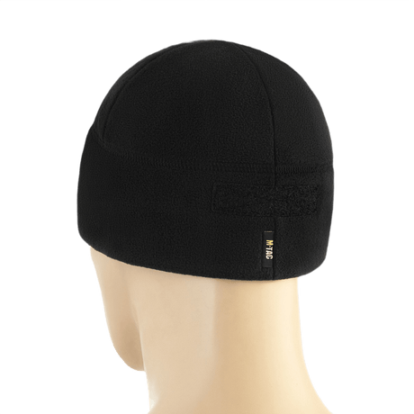 M-Tac Watch Cap Elite Fleece Beanie Hat Velcro til taktisk brug, fleece materiale, god slidstyrke. Sort hue vist på mannequin. Perfekt til koldt vejr.